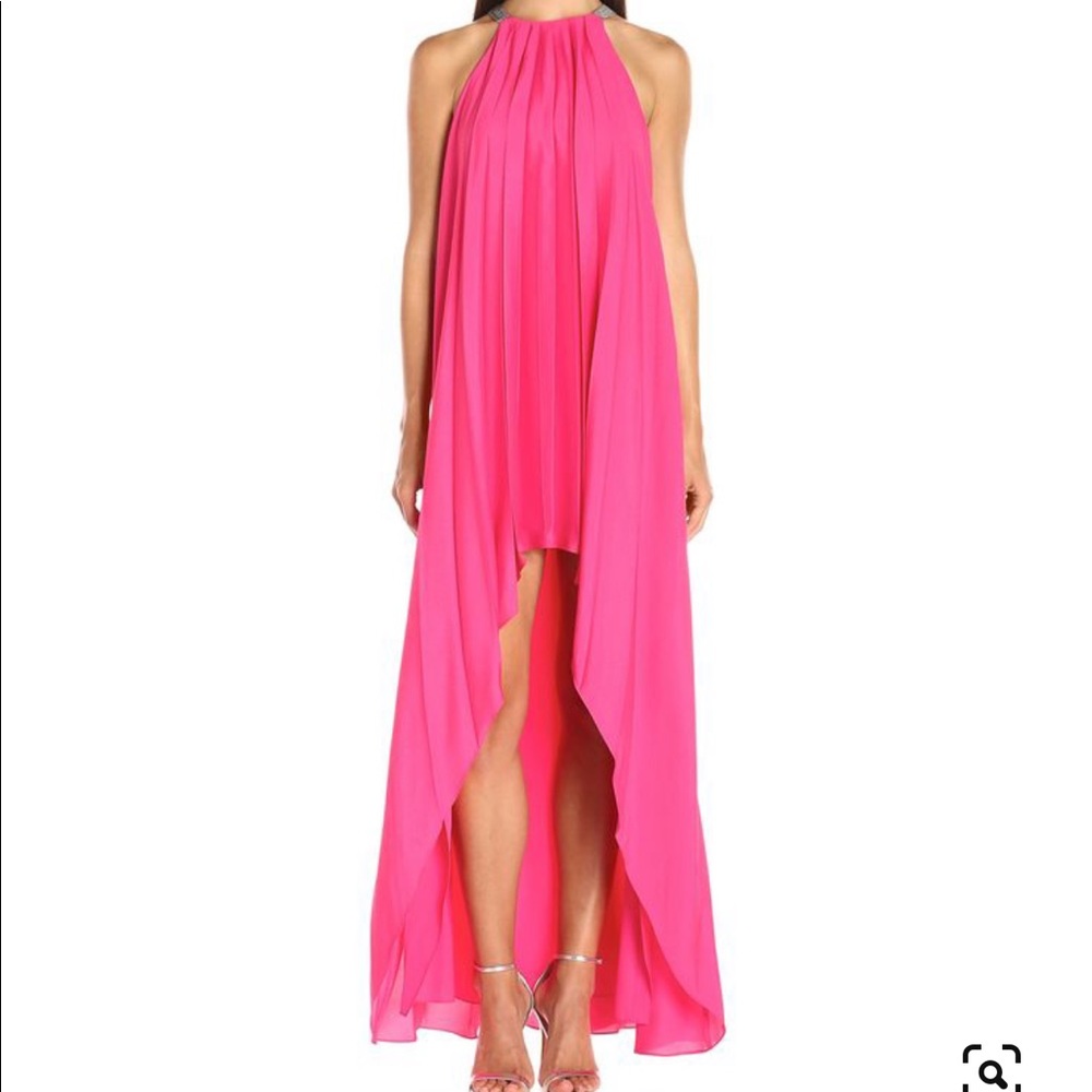 Halston Heritage Sleeveless High Neck Pleated Hi-Low Dress
